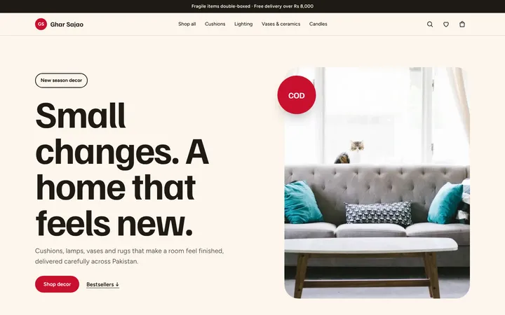Home page of Ghar Sajao, a sample pop layout website