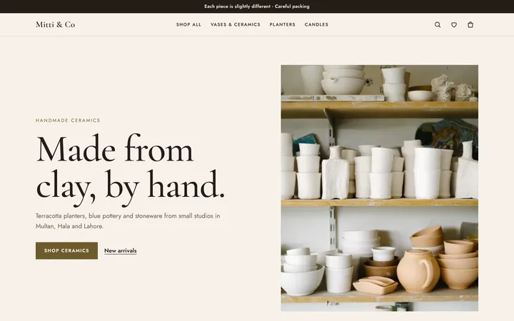 Home page of Mitti & Co, a sample boutique layout website