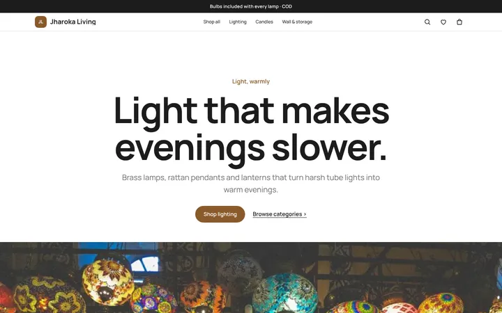 Home page of Jharoka Living, a sample studio layout website
