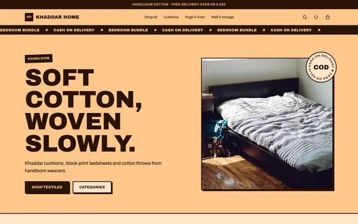 Home page of Khaddar Home, a sample bazaar layout website