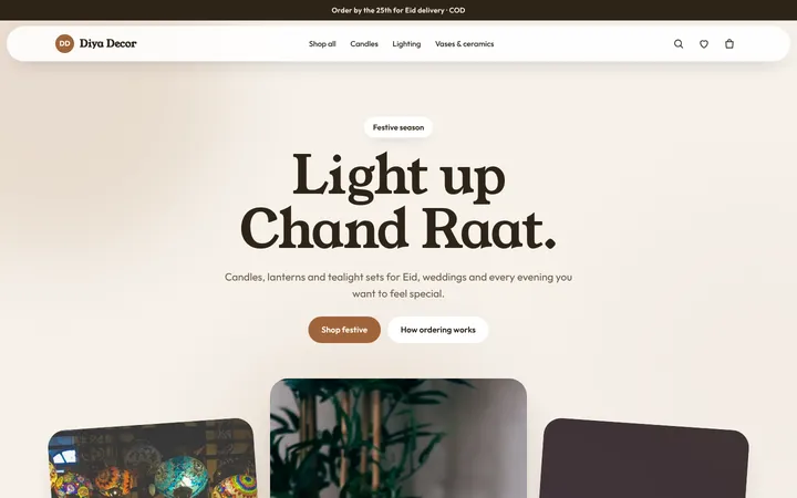 Home page of Diya Decor, a sample blush layout website