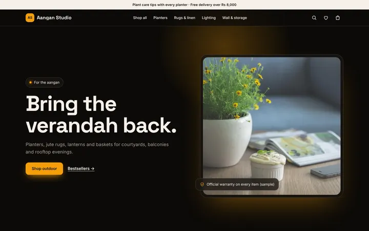 Home page of Aangan Studio, a sample neon layout website