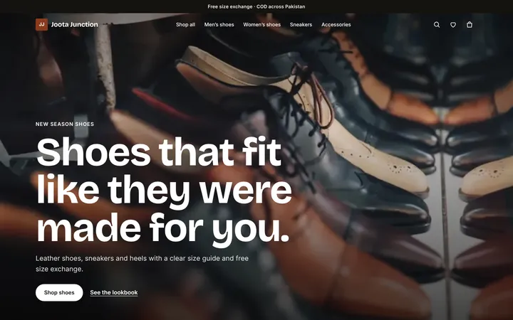 Home page of Joota Junction, a sample lookbook layout website