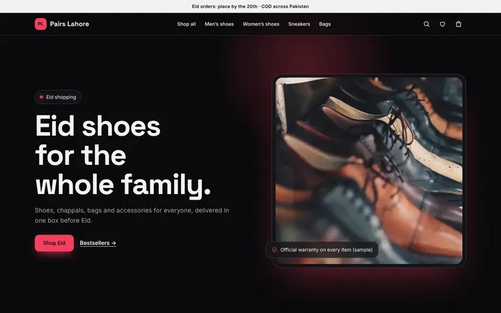 Home page of Pairs Lahore, a sample neon layout website
