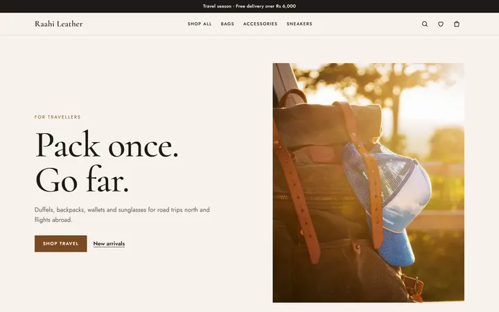 Home page of Raahi Leather, a sample boutique layout website