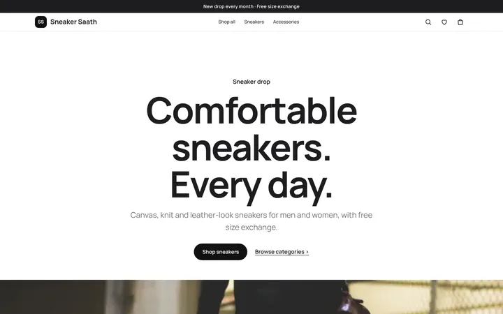 Home page of Sneaker Saath, a sample studio layout website