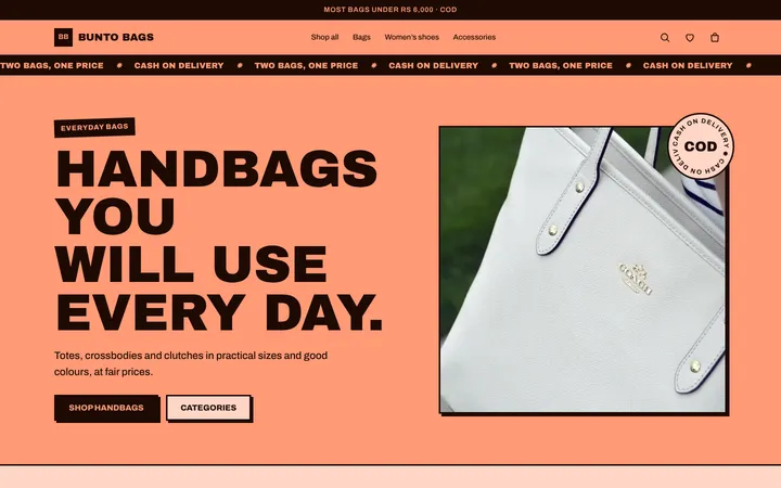 Home page of Bunto Bags, a sample bazaar layout website