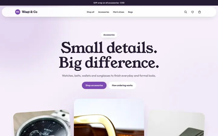 Home page of Waqt & Co, a sample blush layout website