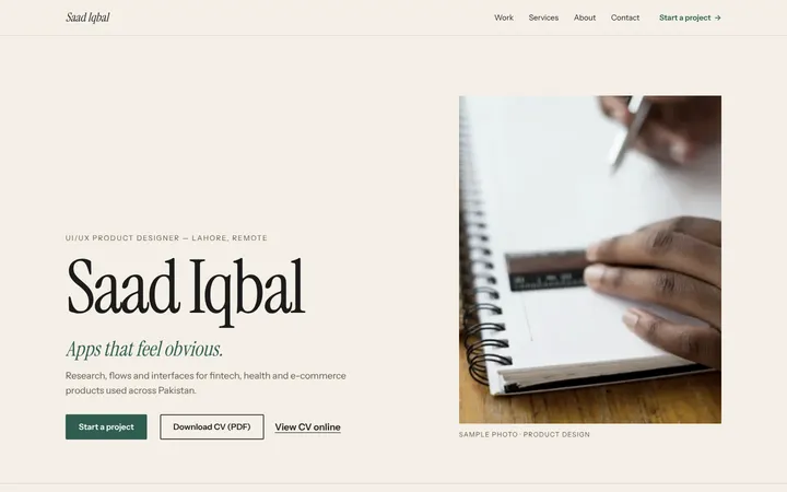 Home page of Saad Iqbal, a sample editorial layout website