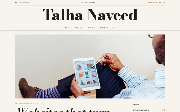 Home page of Talha Naveed, a sample magazine layout website