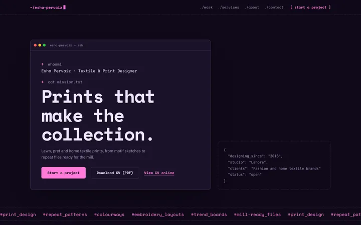 Home page of Esha Pervaiz, a sample terminal layout website