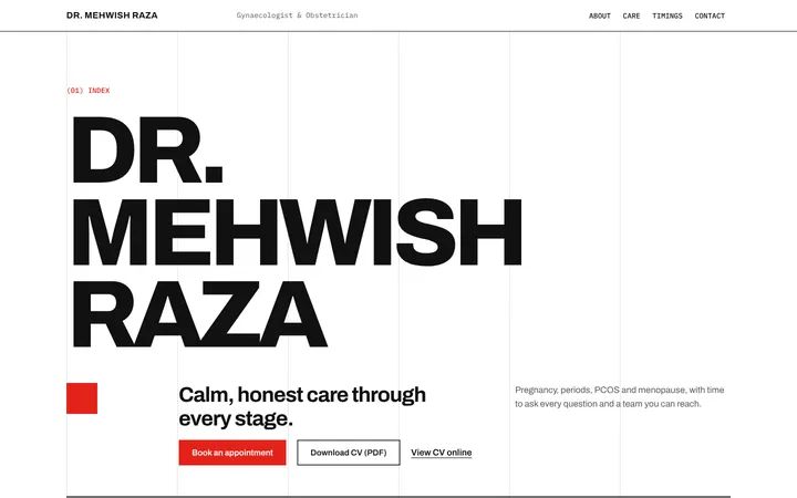 Home page of Dr. Mehwish Raza, a sample swiss layout website
