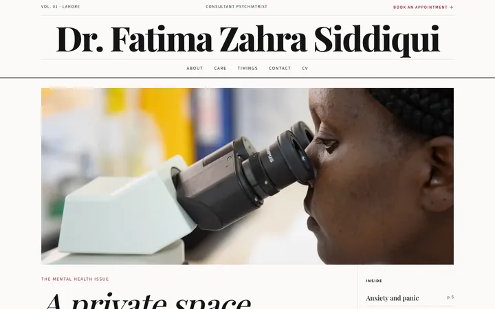 Home page of Dr. Fatima Zahra Siddiqui, a sample magazine layout website