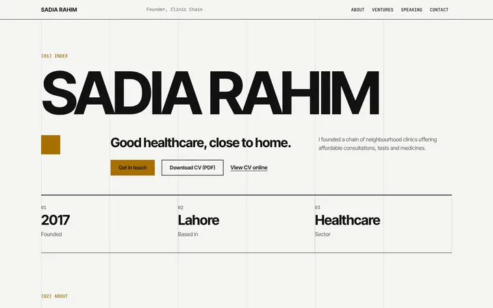 Home page of Sadia Rahim, a sample swiss layout website