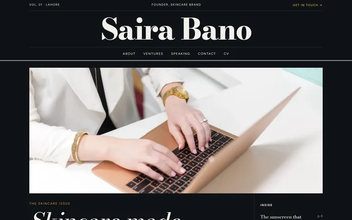 Home page of Saira Bano, a sample magazine layout website