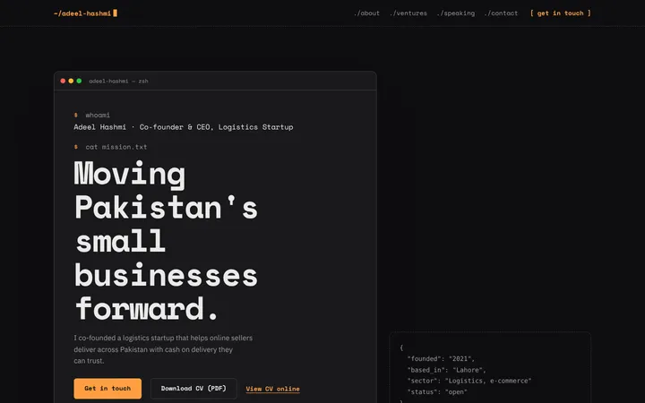 Home page of Adeel Hashmi, a sample terminal layout website