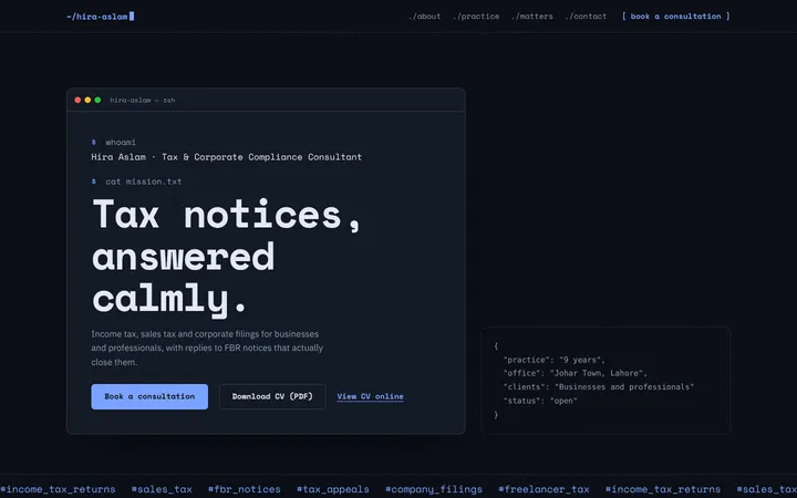 Home page of Hira Aslam, a sample terminal layout website
