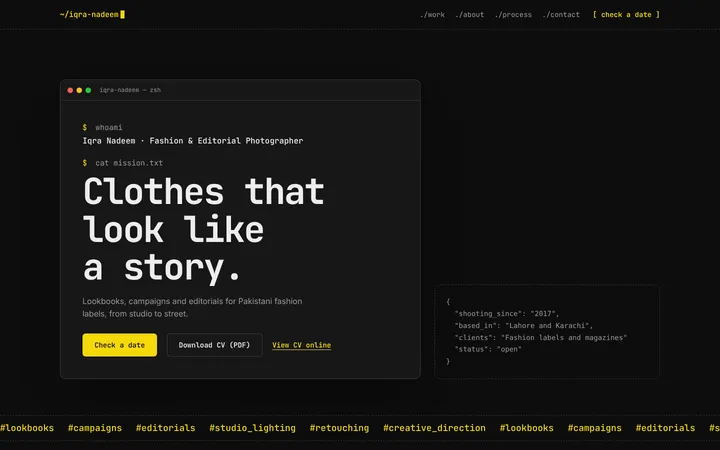 Home page of Iqra Nadeem, a sample terminal layout website