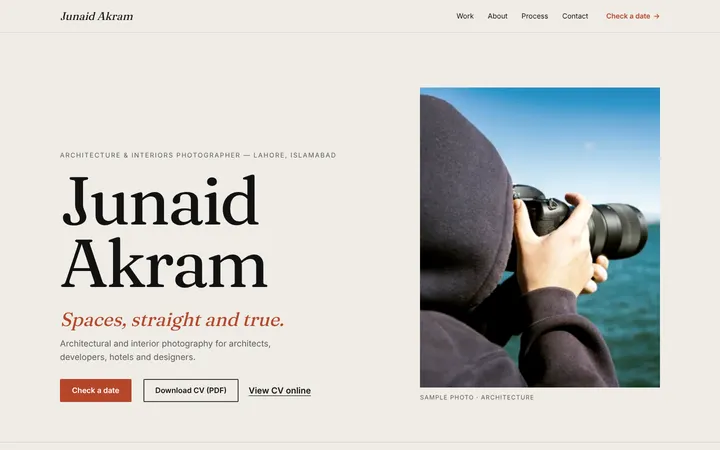 Home page of Junaid Akram, a sample editorial layout website
