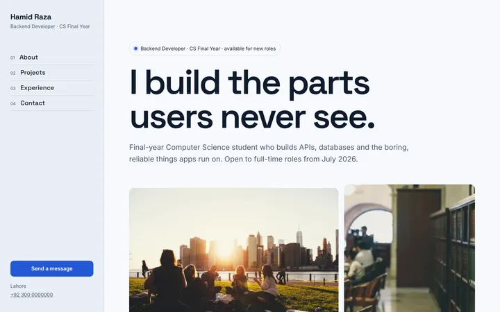 Home page of Hamid Raza, a sample split layout website