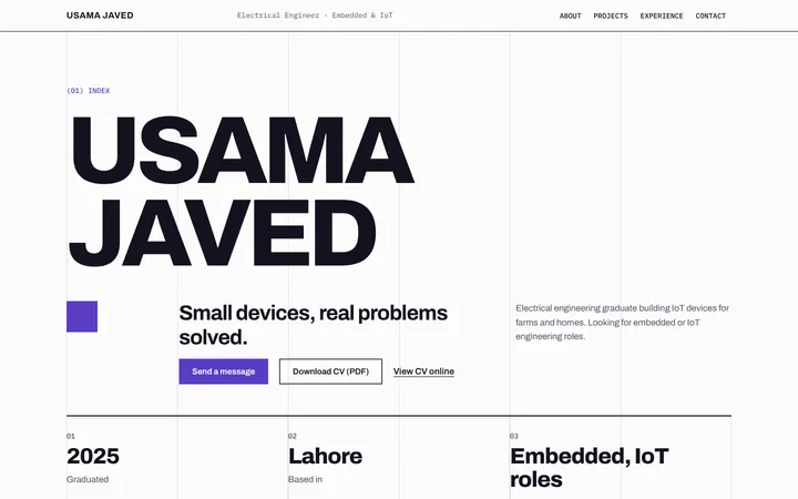 Home page of Usama Javed, a sample swiss layout website