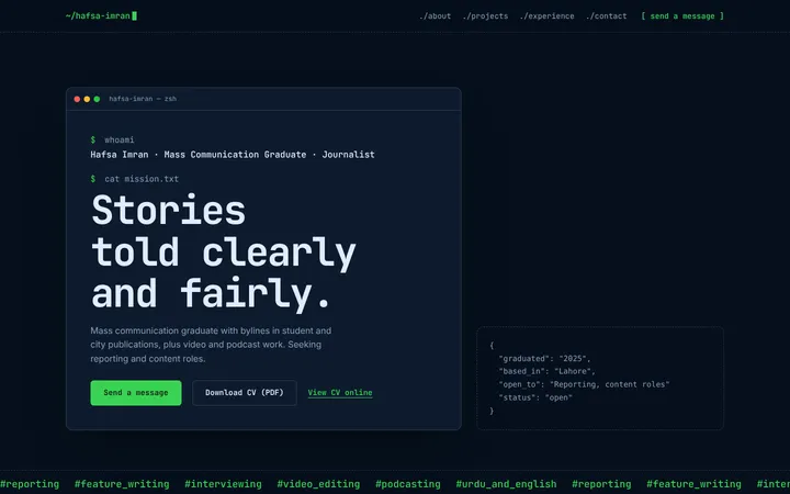 Home page of Hafsa Imran, a sample terminal layout website