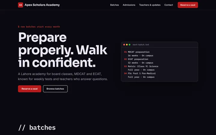 Home page of Apex Scholars Academy, a sample bootcamp layout website