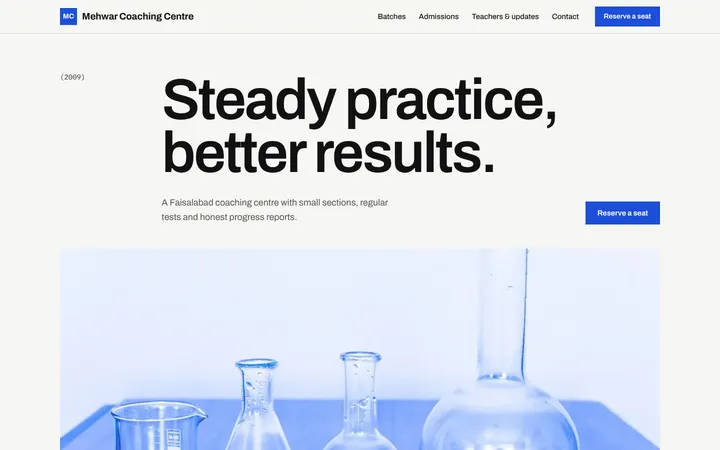 Home page of Mehwar Coaching Centre, a sample atelier layout website