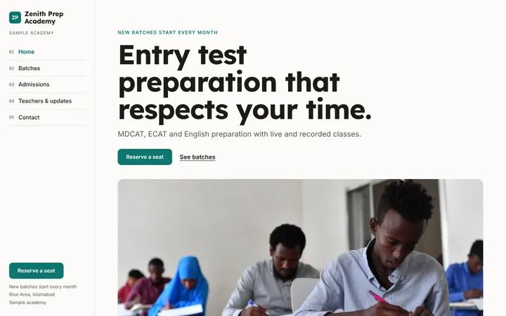 Home page of Zenith Prep Academy, a sample journey layout website