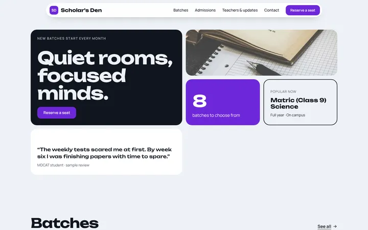 Home page of Scholar's Den, a sample bento layout website
