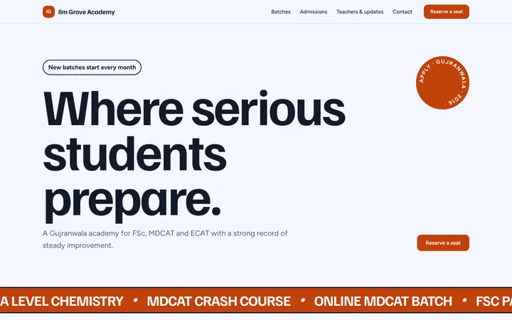 Home page of Ilm Grove Academy, a sample bold layout website