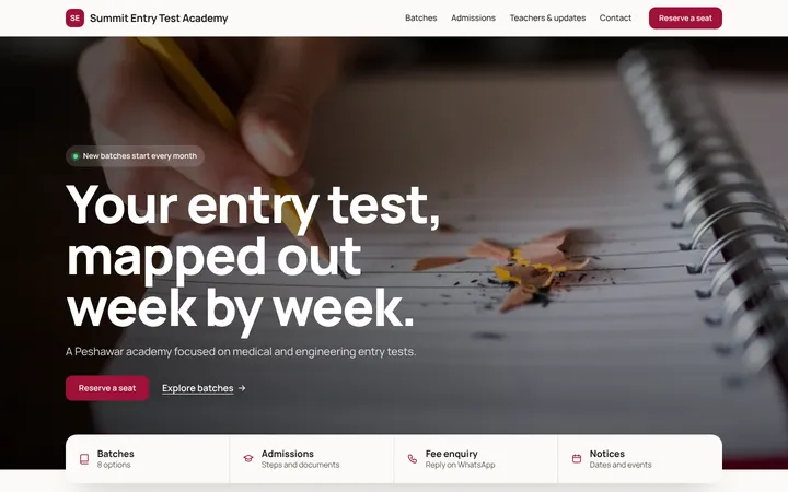 Home page of Summit Entry Test Academy, a sample campus layout website