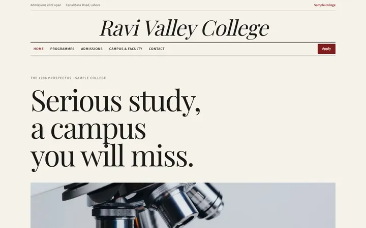 Home page of Ravi Valley College, a sample prospectus layout website