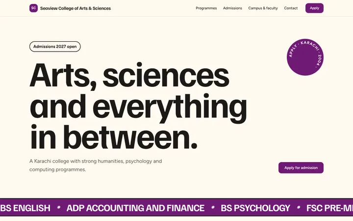 Home page of Seaview College of Arts & Sciences, a sample bold layout website