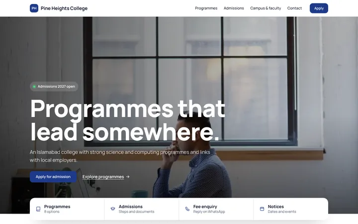 Home page of Pine Heights College, a sample campus layout website