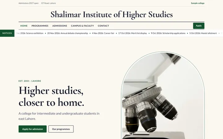 Home page of Shalimar Institute of Higher Studies, a sample crest layout website