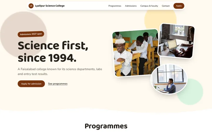 Home page of Lyallpur Science College, a sample playground layout website
