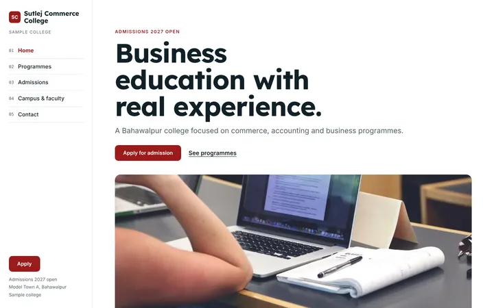 Home page of Sutlej Commerce College, a sample journey layout website