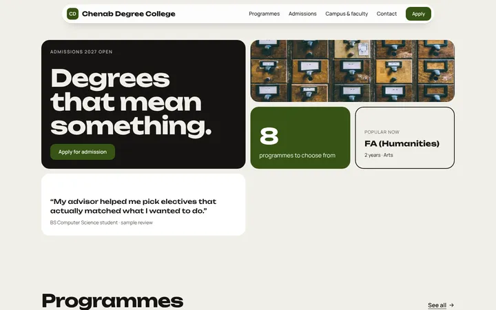 Home page of Chenab Degree College, a sample bento layout website