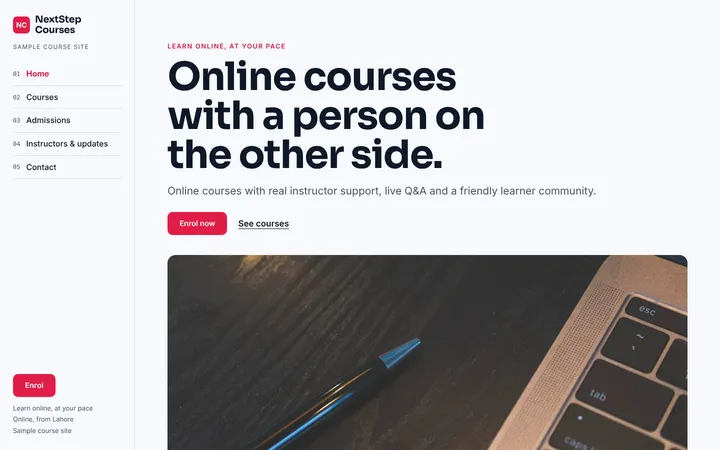 Home page of NextStep Courses, a sample journey layout website