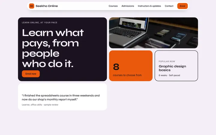 Home page of Seekho Online, a sample bento layout website