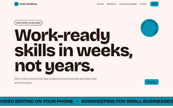 Home page of Kaam Academy, a sample bold layout website