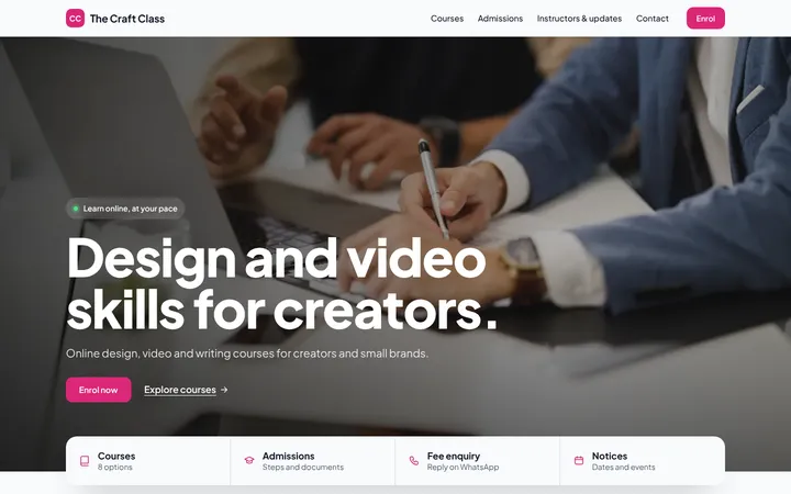 Home page of The Craft Class, a sample campus layout website
