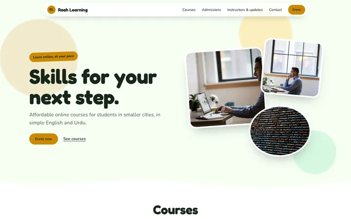 Home page of Raah Learning, a sample playground layout website
