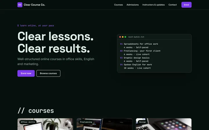 Home page of Clear Course Co., a sample bootcamp layout website