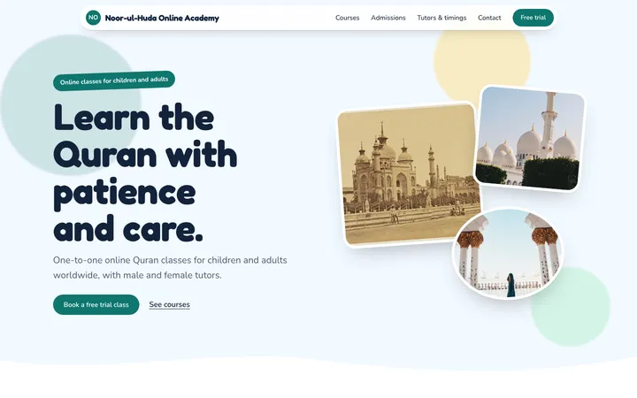 Home page of Noor-ul-Huda Online Academy, a sample playground layout website