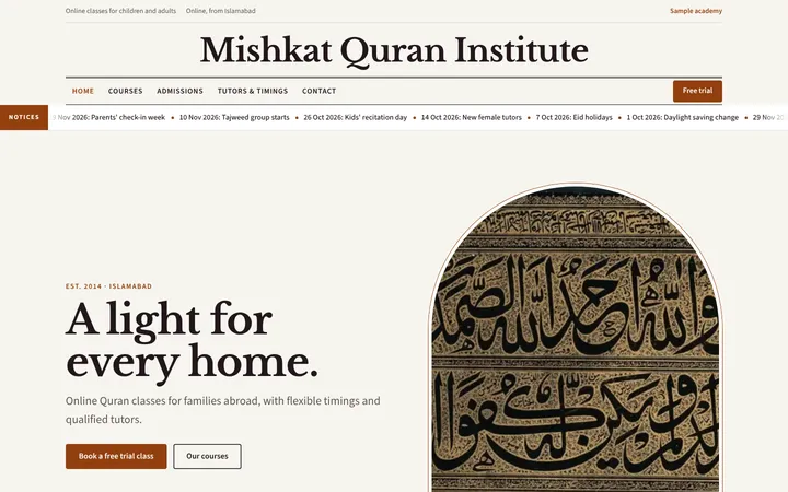 Home page of Mishkat Quran Institute, a sample crest layout website