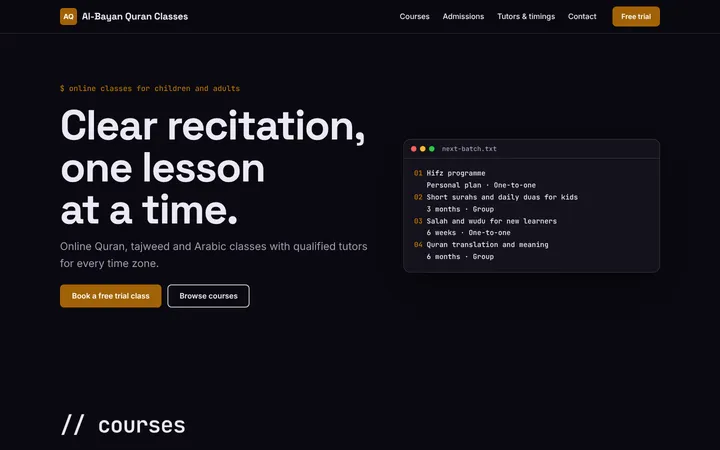 Home page of Al-Bayan Quran Classes, a sample bootcamp layout website