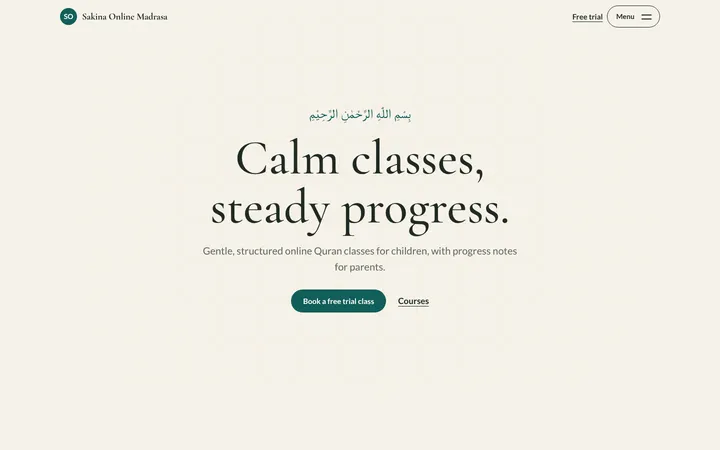Home page of Sakina Online Madrasa, a sample noor layout website