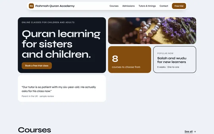Home page of Rahmah Quran Academy, a sample bento layout website